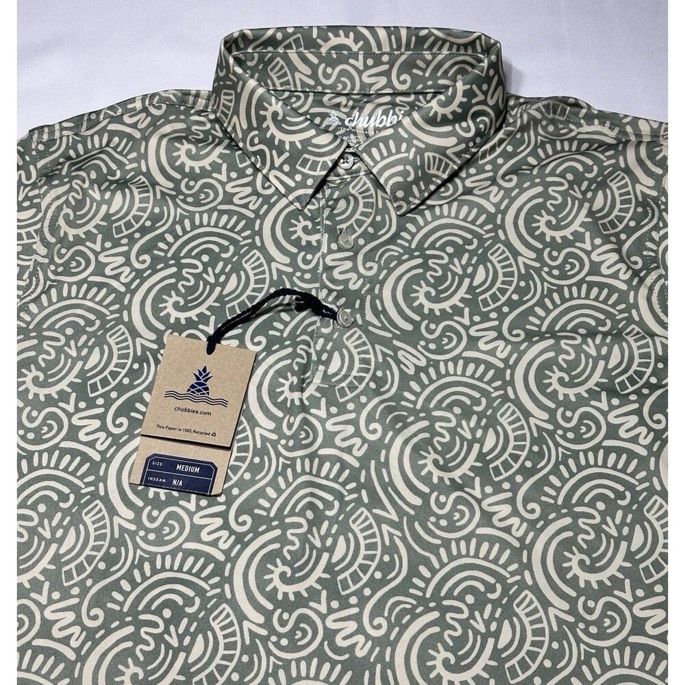 Chubbies The Screen Saver Performance Polo Shirt Green Abstract Mens Medium NWT